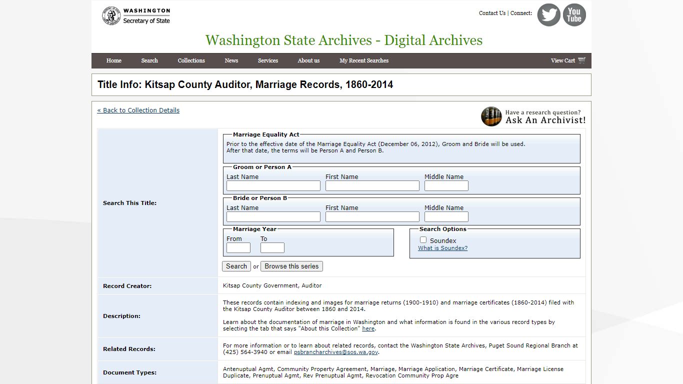 Title Info: Kitsap County Auditor, Marriage Records, 1860-2014